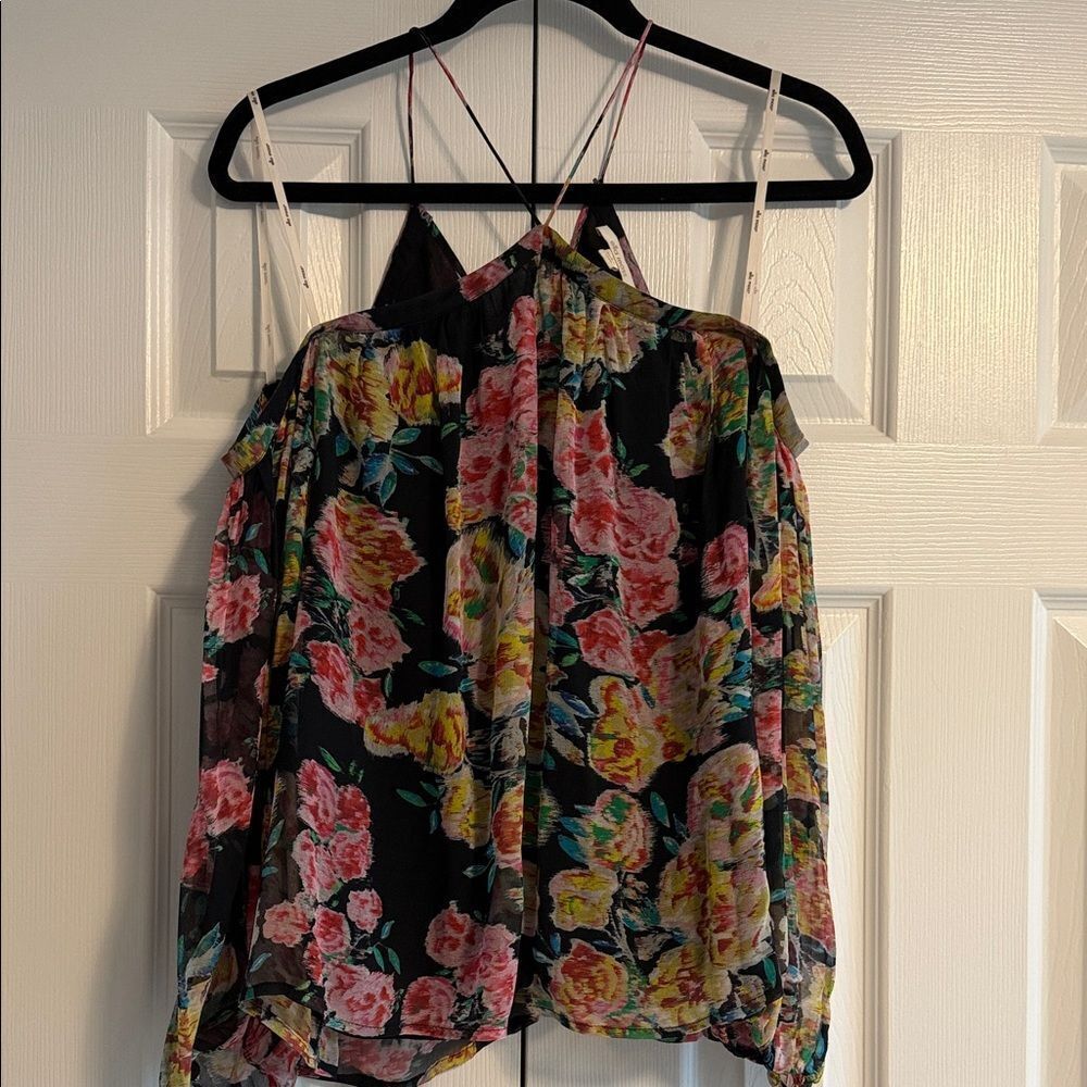 Ella Moss Black Silk Floral Off-the-Shoulder Top | Size S
